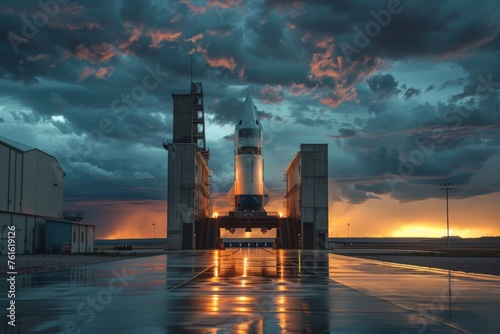 missile testing facility at dawn, with ominous clouds overhead and technicians conducting final checks before a launch 