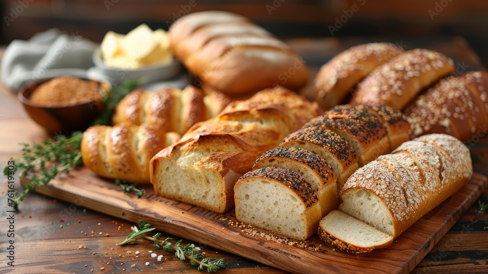 Photo of various types of bread on a wooden board