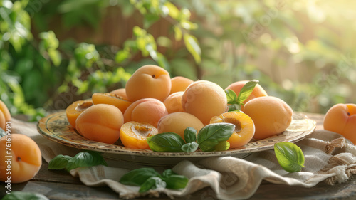 Plate of ripe apricots with basil leaves.