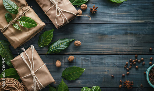 Eco-friendly gifts wrapped in brown paper with green leaves on a dark wooden background, surrounded by nuts and spices. Sustainable living and thoughtful gifting concept.