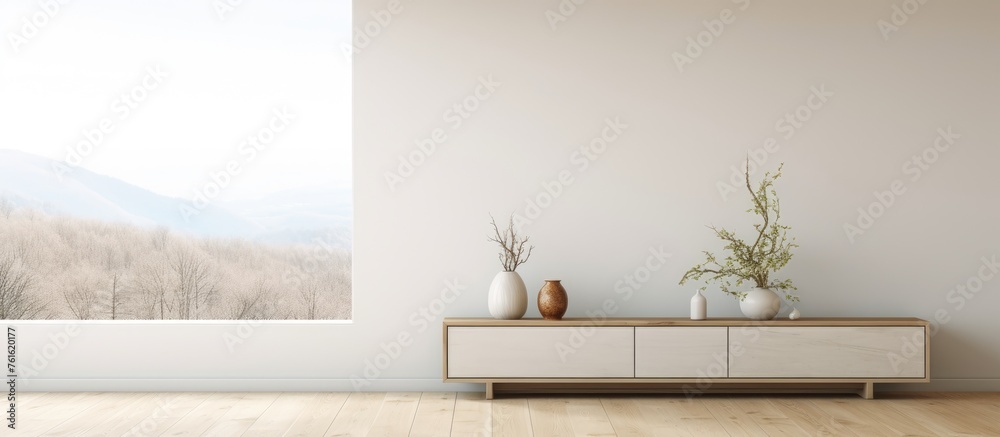 Minimalist white room interior with dresser, wooden floor, decor on wall, and landscape view from window. Home nordic interior. . - obrazy, fototapety, plakaty 