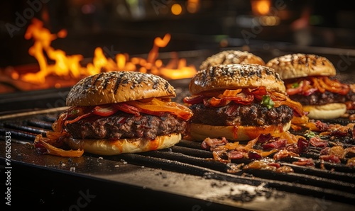Three Hamburgers Grilling With Flames