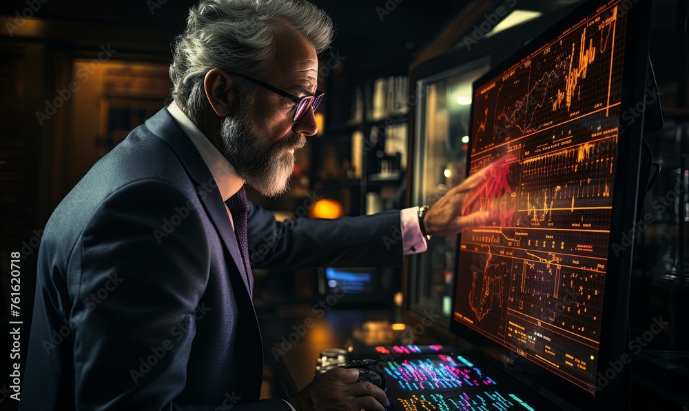 Businessman in Suit Studying Computer Screen