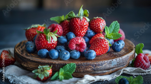 Assorted berries on a wooden platter