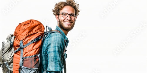 Portrait of hiker man with backpack isolated on white background.
