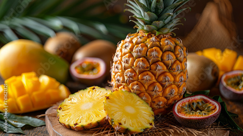 Photo of various tropical fruits sliced and whole.
