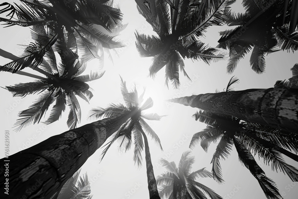 Raws of tall palm trees on blue sky, view strictly from bottom to up. - obrazy, fototapety, plakaty 