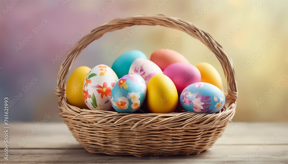 Easter eggs in a basket. Colored eggs Holiday Easter mystery background. Selective focus. AI generated