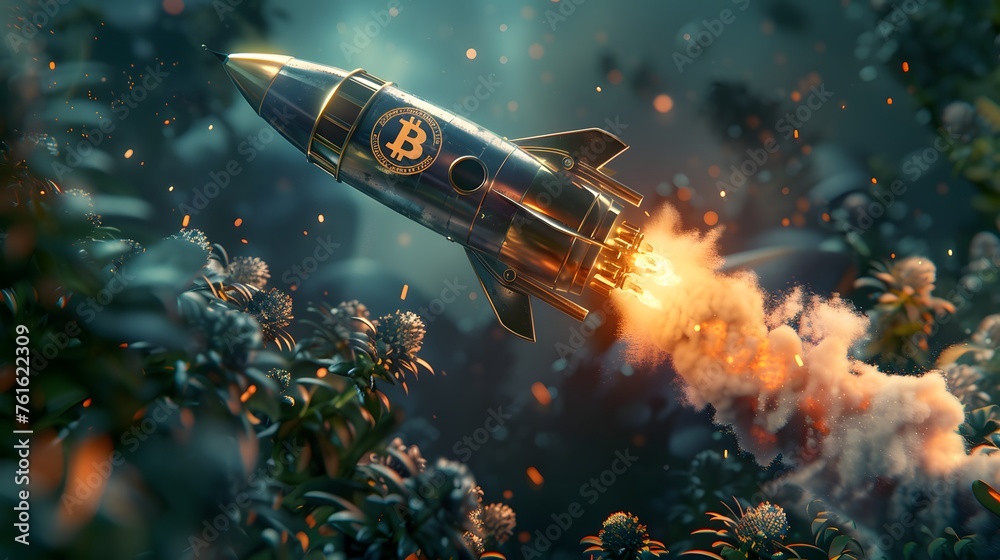 Bitcoin growth concept. bitcoin rocket flies to the top Bitcoin growth concept. bitcoin rocket flies to the top