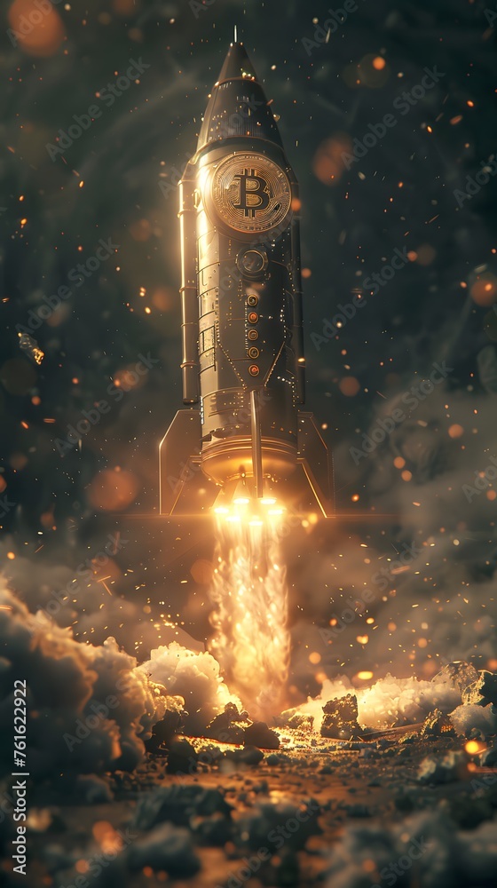 Fototapeta premium Bitcoin and cryptocurrency investing concept. Bitcoin rocket