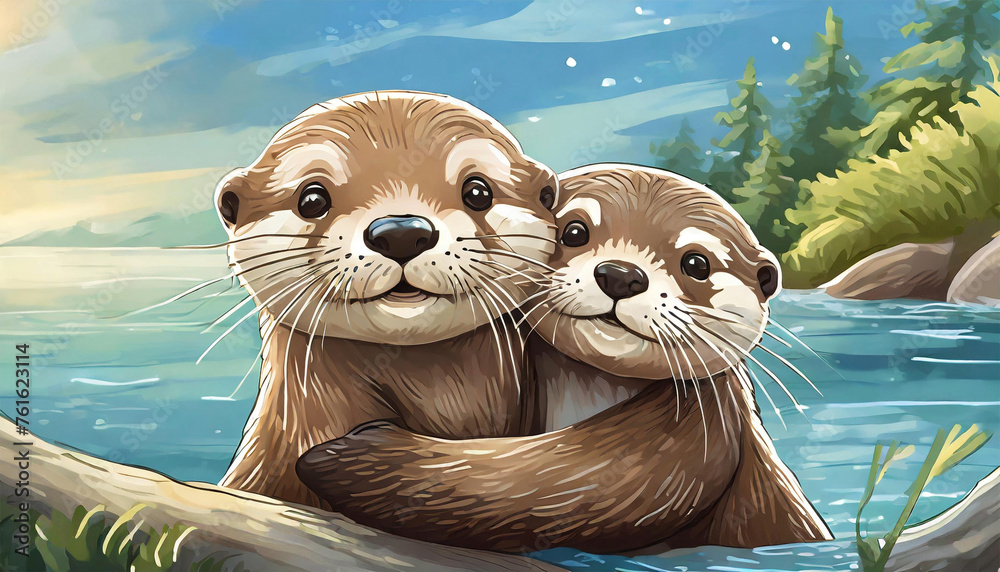 Otters hug near the water on a sunny day, illustration. Otters hug near the water on a sunny day, illustration.