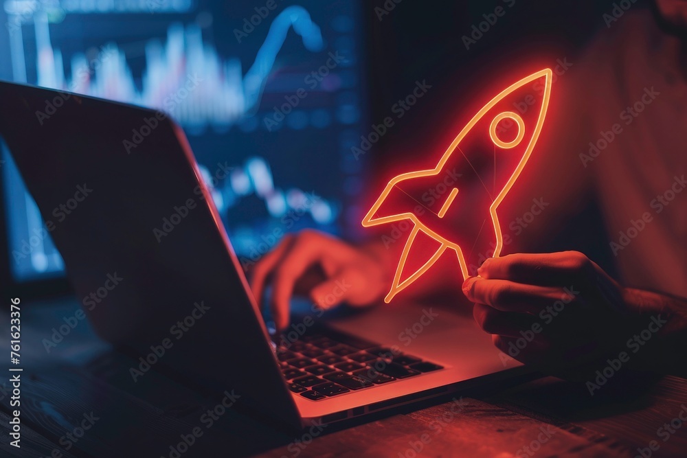 Concept for new business, entrepreneur use laptop show of  rocket icon virtual screen for new business grow up. Neon rocket icon, Man using laptop computer at office background with copy space - obrazy, fototapety, plakaty 