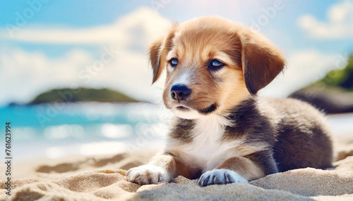 Puppy lying on a sandy beach enjoying the warm sun.