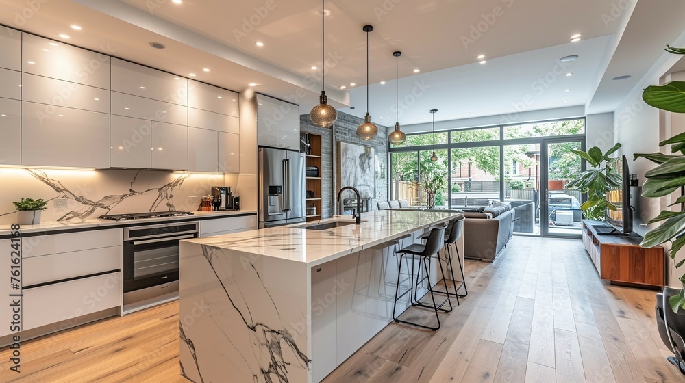 Contemporary White Kitchen with Marble Accents, generative ai Contemporary White Kitchen with Marble Accents, generative ai