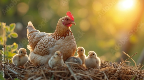 Mother Hen and Her Chicks in Golden Hour Light, generative ai