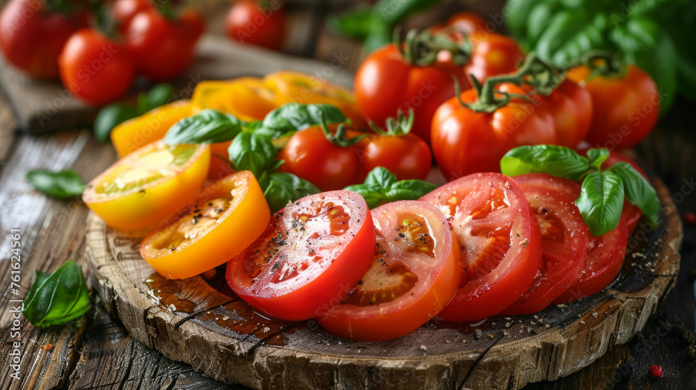 Red and yellow tomatoes with basil on wooden board. Red and yellow tomatoes with basil on wooden board.