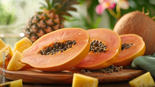 Sliced papayas on a wooden surface.