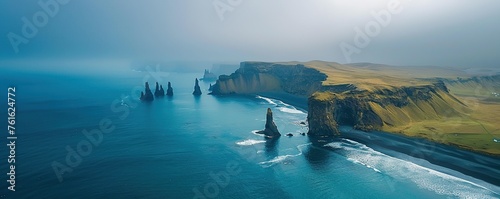 Aerial view of Reynisdrangar sea stacks