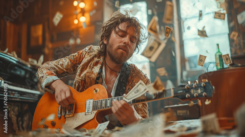 punk man playing the electric guitar with money flowing