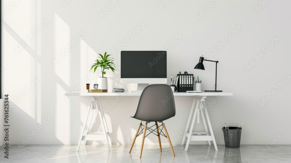 A minimalistic computer desk with a chair in a white room AI generated illustration A minimalistic computer desk with a chair in a white room AI generated illustration