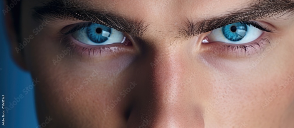 Fototapeta premium A close up of a mans electric blue eyes against a matching blue background, showcasing his long eyelashes and deep brown hair