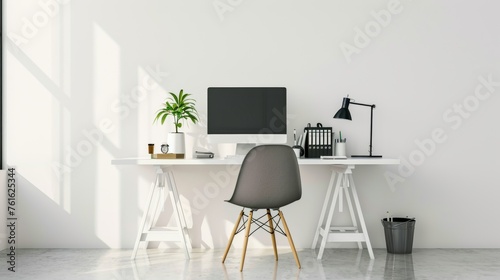 A minimalistic computer desk with a chair in a white room    AI generated illustration © Olive Studio