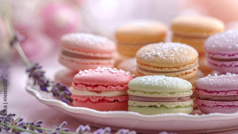 Photo of assorted macarons on a plate with lavender