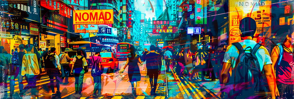 Kollege aus Großstadt, chinesischen Zeichen Neonlichter und Menschen. Kollege aus Großstadt, chinesischen Zeichen Neonlichter und Menschen.