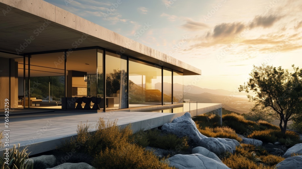 A modern minimalist home with sleek lines and expansive windows overlooking a serene landscape AI generated illustration A modern minimalist home with sleek lines and expansive windows overlooking a serene landscape AI generated illustration