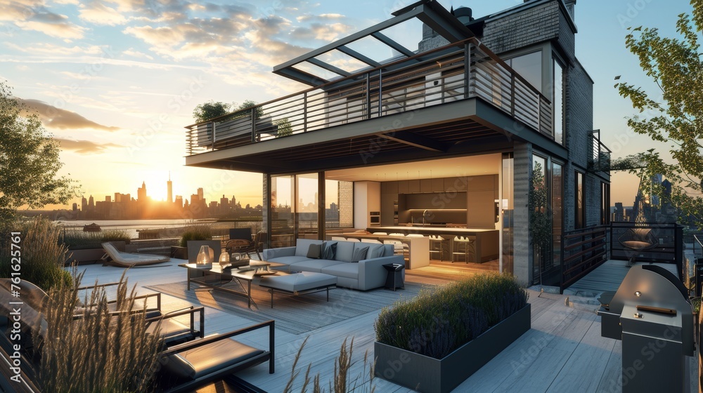 A modern townhouse with a rooftop terrace and city skyline views     AI generated illustration
