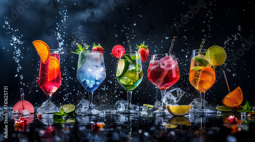 Exuberant display of assorted fruit cocktails creating a lively splash, captured in a moment of vibrant celebration with floating ice and fruit pieces