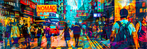 Kollege aus Großstadt, chinesischen Zeichen Neonlichter und Menschen.  photo
