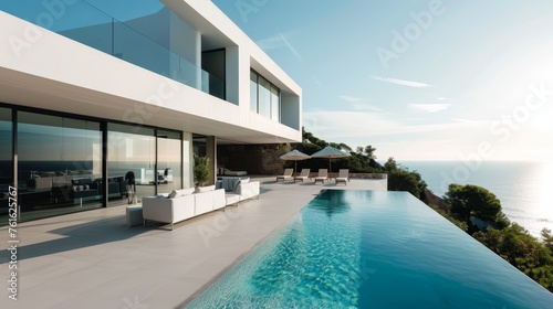 A modern villa with a minimalist design and infinity pool     AI generated illustration © Olive Studio