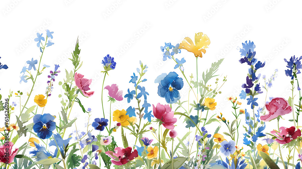 Wild flower border watercolor clipart.