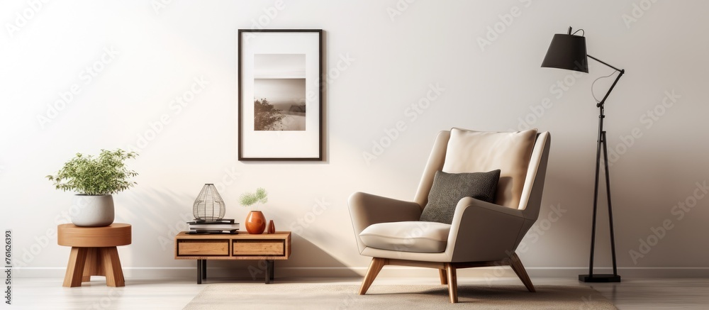 Minimalist living room setup with a stylish armchair, wooden stool, decor items, black poster frame, book, and personal accessories in a contemporary home design. Minimalist living room setup with a stylish armchair, wooden stool, decor items, black poster frame, book, and personal accessories in a contemporary home design.