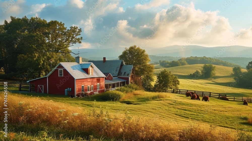 A picturesque farmhouse with a red barn and rolling fields AI generated illustration A picturesque farmhouse with a red barn and rolling fields AI generated illustration
