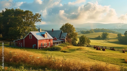 A picturesque farmhouse with a red barn and rolling fields     AI generated illustration