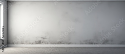 The empty room with a concrete wall and a window offers a glimpse of the tranquil landscape outside, with tints and shades in the sky, blending into the horizon with a touch of haze and mist photo