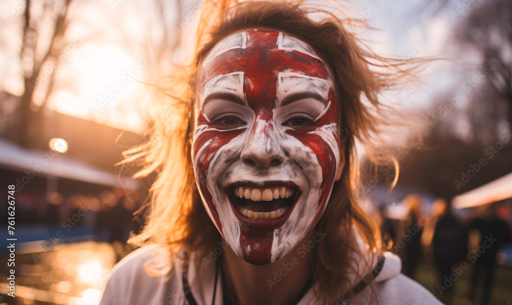 Portrait of a passionate female English fan celebrating at a UEFA EURO 2024 football match, her face painted with the colors and patterns of the English flag, radiating enthusiasm and national pride