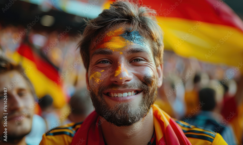 Naklejka premium Vibrant Portrait of a Joyful male Germany Supporter with a German Flag Painted on His Face, Celebrating at UEFA EURO 2024