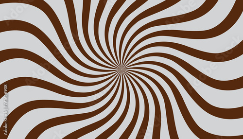 Brown and grey swirled background. Vortex spiral rectangle. Rays of spiral rotation. Converging scalable stripes. Vector illustration.