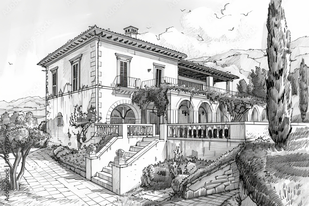 Villa, drawing, sketch.