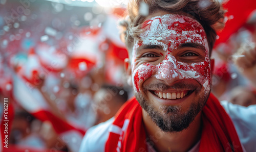 Vibrant Portrait of a Joyful male Poland Supporter with a Polish Flag Painted on His Face, Celebrating at UEFA EURO 2024