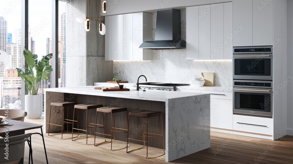 A scene showcasing a D kitchen appliance ensemble on a sleek kitchen island     AI generated illustration