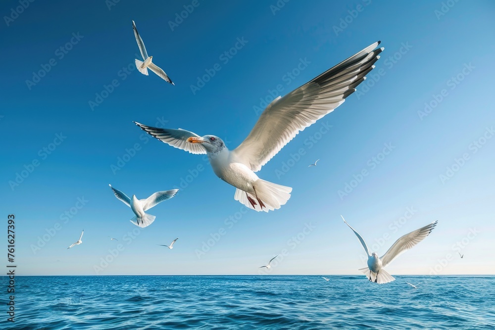 Fototapeta premium a dynamic view of seagulls in flight against a clear blue sky, with the ocean below. The angle gives a sense of motion and freedom, as the birds soar with wings fully extended.