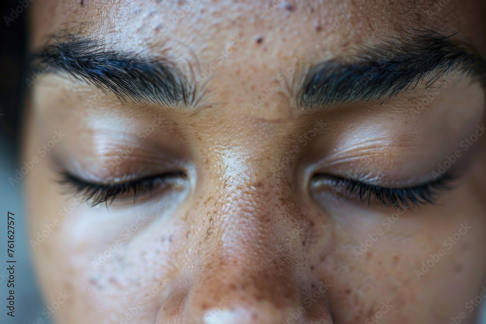 Obraz premium A close-up of a person's closed eyes, showing details like eyelashes and skin texture, conveying a sense of calmness or meditation