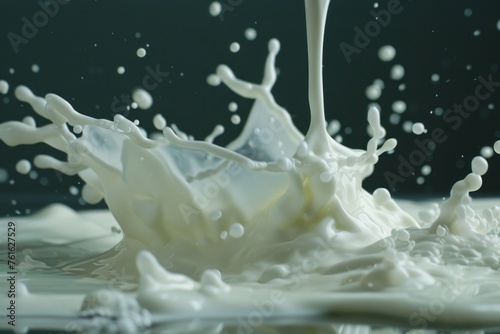 Milk being poured into a container with a splash, capturing the dynamic movement and creamy texture of the liquid