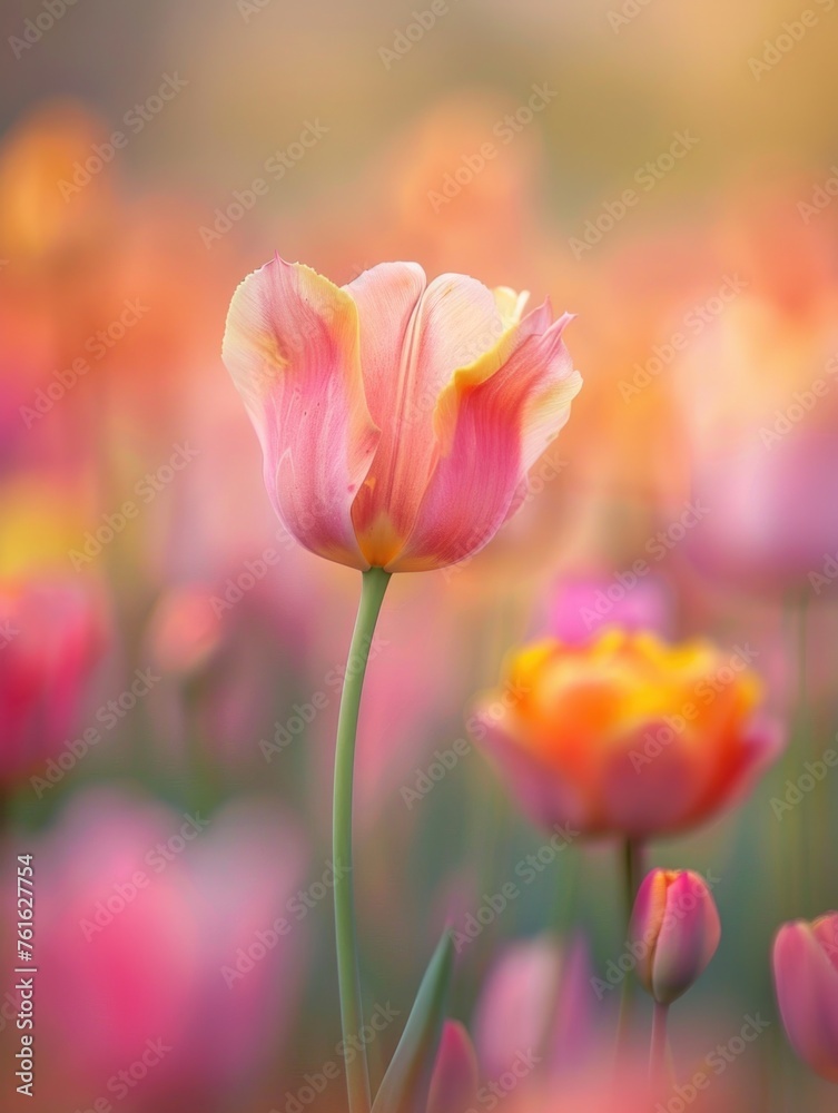 A single tulip with ruffled petals, colored in vibrant pink and yellow hues, standing out in a soft-focus field of flowers