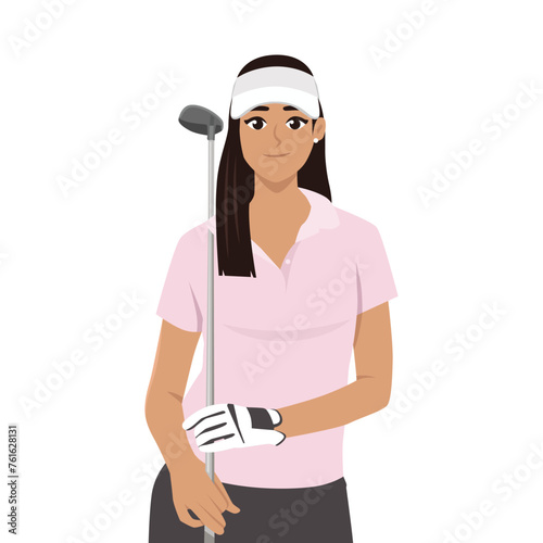 Young pretty female golfer with golf club wearing hat. Flat Vector Illustration Isolated on White Background