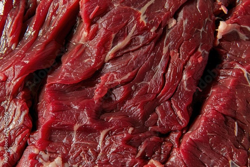 A close-up texture of red raw beef meat, highlighting the marbling and fibrous structure of the muscle